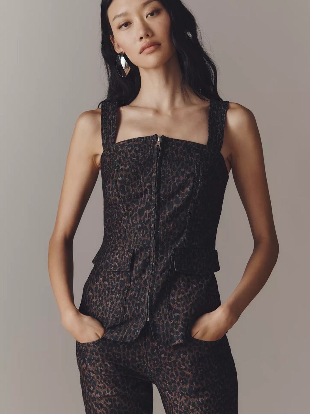 NWT Anthropologie Pilcro Zip-Front Square-Neck Leopard Tank Top